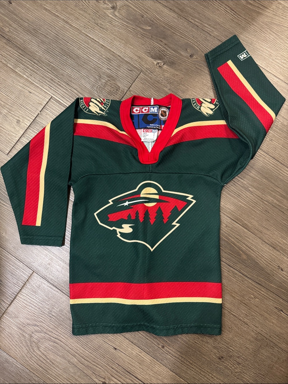 ✨Vintage✨ CCM Youth S Green Minnesota Wild Hockey Jersey with Red and Gold Trim✨
